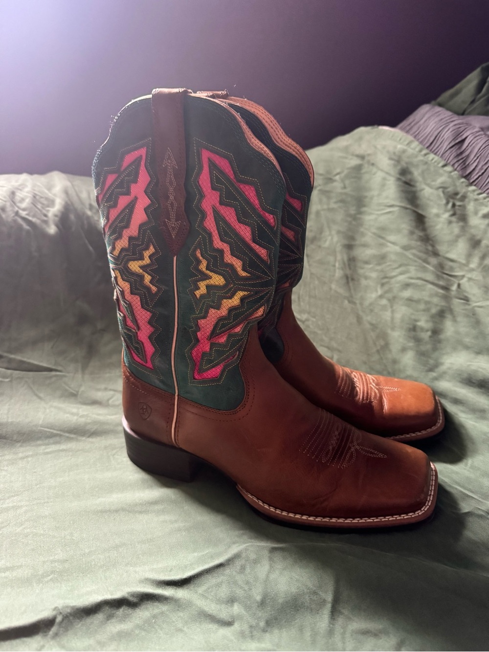 Ariat Brown Leather Cowboy Boots with Teal, Pink & Yellow Designs